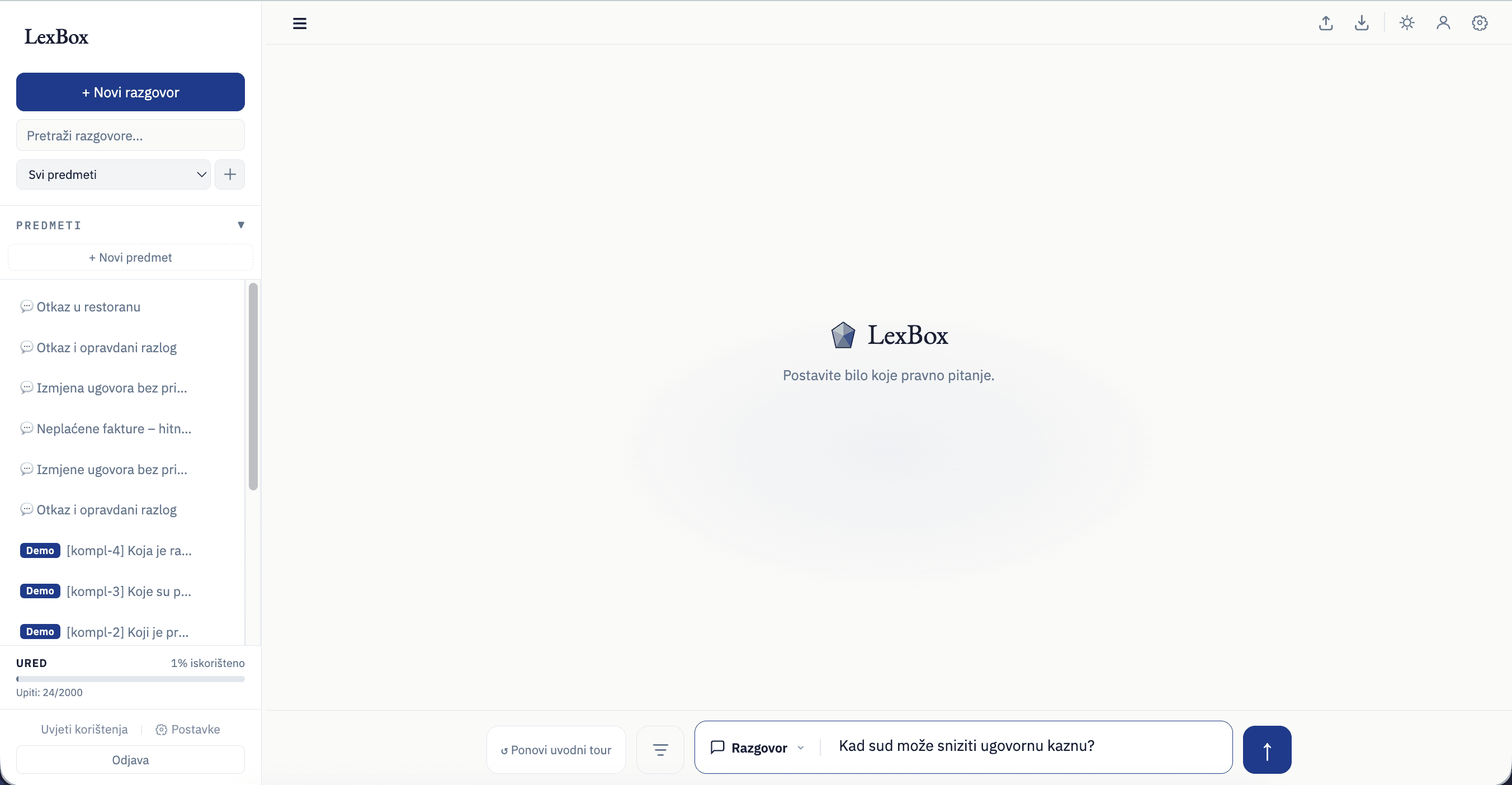 Chat input s utipkanim pitanjem o ugovornoj kazni, prazno canvas, "Razgovor" mode
