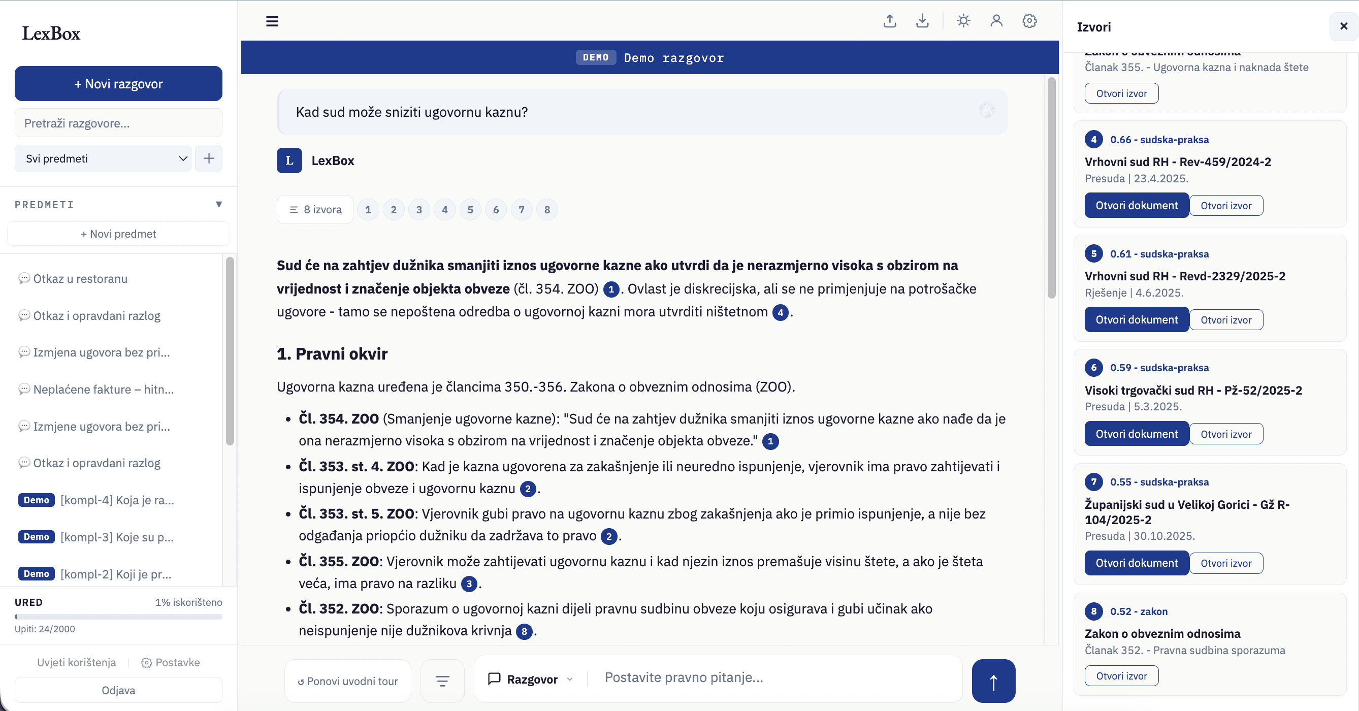 Desni sidebar s 4 kartice sudske prakse, vidljiv "Otvori izvor" button na svakoj