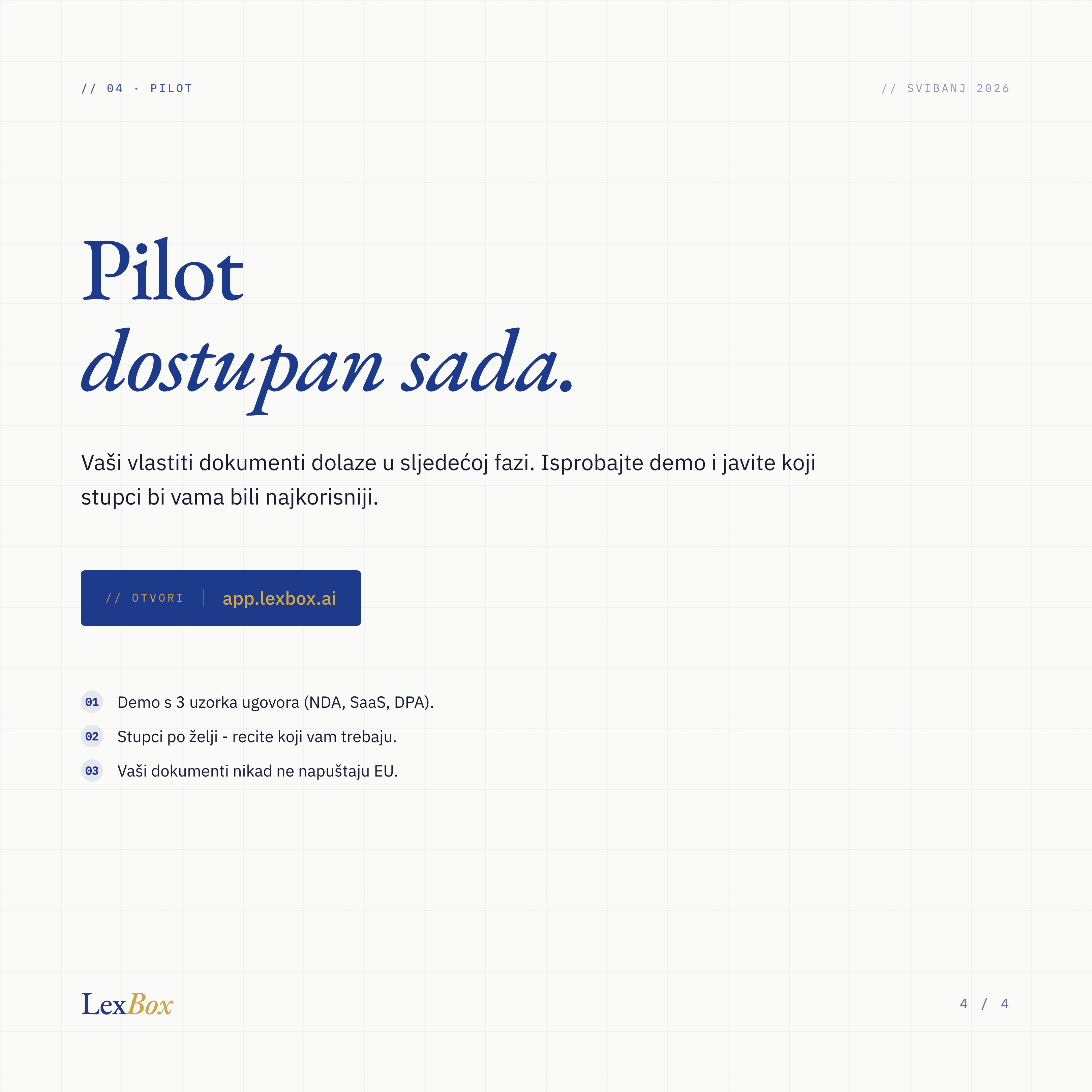Pilot dostupan sada. Demo s 3 uzorka ugovora (NDA, SaaS, DPA), stupci po želji, vaši dokumenti nikad ne napuštaju EU.